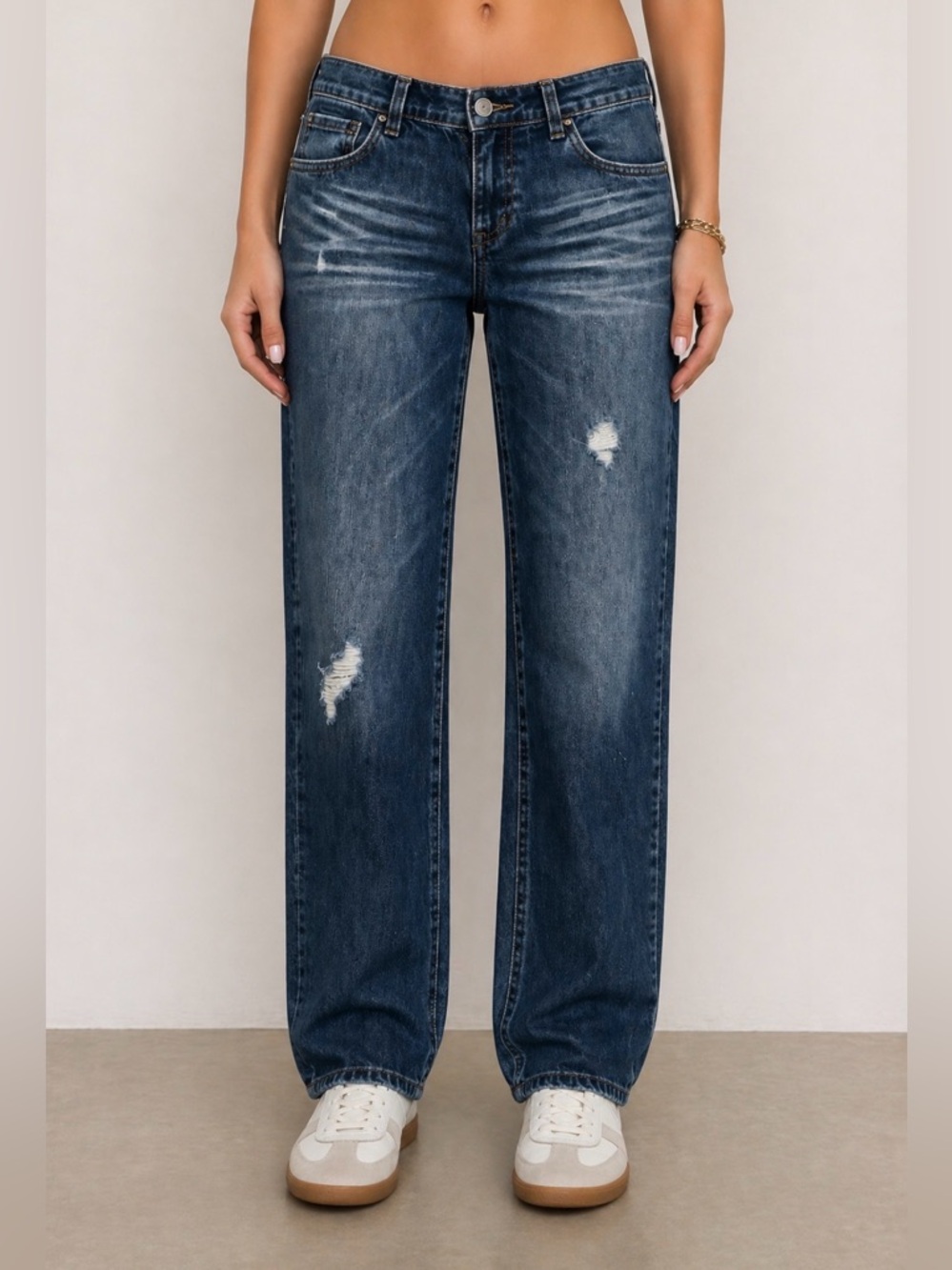 New York & Company Distressed Straight-Leg Jeans in Dark Blue